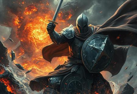 Experience an epic clash between our hero - Lady of the Lake's valiant knight, vividly depicted in exceptional detail, and impending doom embodied by molten destruction! This stunning artwork boasts lifelike details from super detailed armor down to handcrafted clothes; exuding precision & high quality through sharp lines, brush strokes, capturing dynamic actions poses whilst maintaining balanced editing emphasizing intent focus moments set within creative angles amidst well timed lighting effects creating unparalleled visual harmony blending contemporary aesthetical elements into this masterpiece bringing forth beautiful matte painting techniques combined seamlessly using cutting edge technology like octane render or even UE5 resulting not just another illustrative piece rather immersively engaging artworks rivaling those found trending across platforms such cgsocietys',art station hub pages alongside behances curated collections featuring golden ratios perfectly executed throughout each composition element ensuring maximum impact leaving viewers awestricken meshed beautifully via splashes ink stylistic choices culminating joyous emotions convey powerful messages subtly embedded deep beneath these layers rich hues evoking intense feelings further accentuated courtesy intricate eye designs bound make anyone fall deeply enamoured upon first glance making no mistake why they say 'a picture speaks louder than thousand word'.