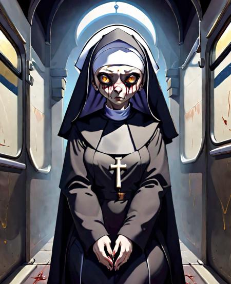 Stylized anime artwork, creepy nun, white eyes, masterpiece, Best quality, high detail, subsurface scattering, bus driver, 
<lora:SDXL_Creepy_Nun:1.0>