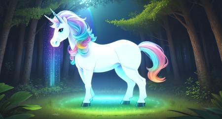 (best quality: 1.2), (masterpiece: 1.2), (realistic: 1.2), (detailed), (bioluminiscent white unicorn, rainbow colored mane: 1.2), standing in a forest, cute big circular reflective eyes, (caricature: 0.2), (masterpiece: 1.2), absurdres, HDR