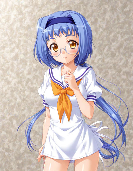 Kotori Mizuki, blue hair, yellow eyes, glasses, blue hair band, low tied long hair, 1girl, solo, 