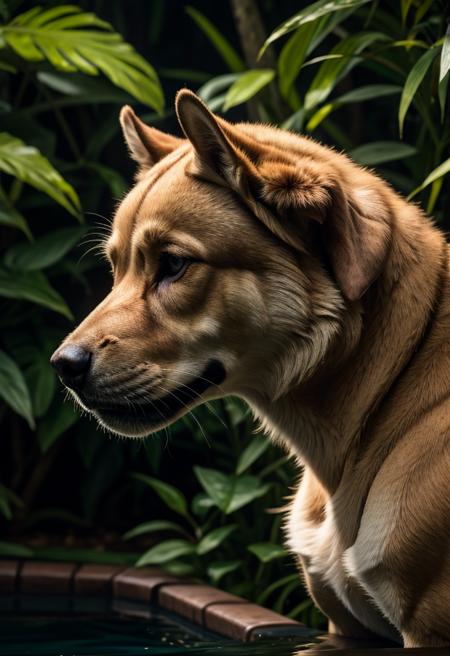 award winning wildlife (medium long shot:1.4),  35mm film movie still,  ultra photorealistic,  photorealism,  (upper profile) shot of a defeated old dog in pain with the (sunken head:1.4) mourning (looking depressed down:1.2),  (glossy eyes) cinestill,  film grain,  taken with hasselblad H6D 100c,  the HCD 24mm lens,  hazy mood,  cinematic dramatic lighting,  cold muted colors,  (DOF:1.4),  (dark lush jungle background),  sharp focus,  (perfect real extremely details),  amazing fine detail,  absurdres,  hyper realistic lifelike texture,  dramatic lighting