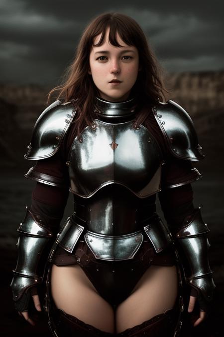 bellaramsey wearing plate armor, natural light, dark fantasy, (wide-angle), dark background, highly detailed, smooth skin, low light, concept