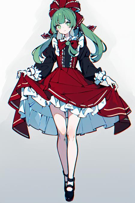 masterpiece, intricate detail,best quality, chromatic aberration, <lora:HaranoKaguyama:0.8>1girl, solo, kagiyama hina, dress, skirt hold, ribbon, white background, red dress, green hair, simple background, black footwear, front ponytail, full body, hair ribbon, bow, frills, long hair, looking at viewer, hair bow, frilled ribbon, bangs, red ribbon, green eyes, red bow, bright pupils, white pupils, closed mouth