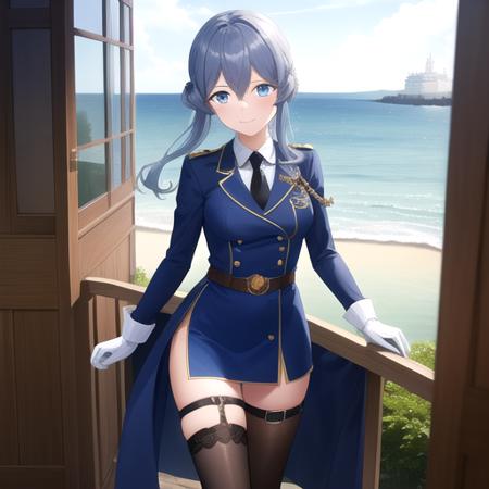 ((masterpiece)),(best quality),official art,extremely detailed CG,unity 8k wallpaper,ultra detailed,A lighthouse on a cliff by the sea,1girl,solo,cowboy shot,half_gloves,mole_under_eye,blue_hair,long_hair,military_uniform,blue_eyes,white_gloves,single_hair_bun,blue_skirt,blue_sailor_collar,black_necktie,collared_shirt,medium breasts,long_sleeves,hair_between_eyes,thigh_strap,rudder_footwear,looking_at_viewer,smile,black_neckerchief,blue_thighhighs,belt,<lora:Gotland(kan)>,