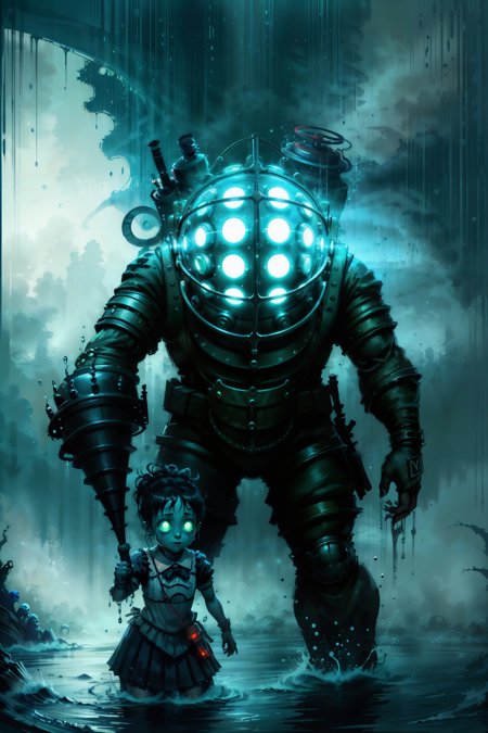 bigdaddyBS_soul3142, solo, gloves, standing, full body, yellow eyes, boots, water, glowing, robot,