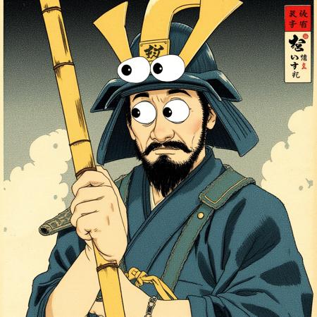 detailed artwork of a samurai warrior in ukiyoe style. The samurai warrior has a cartoonish awooga expression with very large eyes as he holds a stick of bamboo