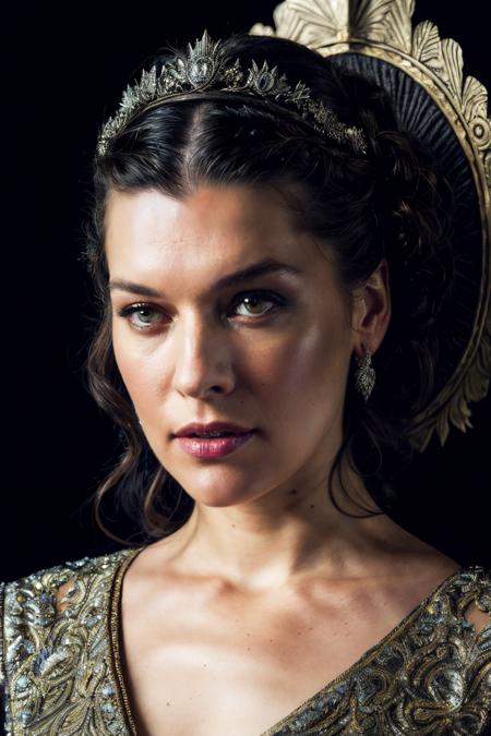 up close portrait photo of mjv, dressed as game of thrones queen, alluring portrait, intricate, highly detailed, digital painting, artstation, concept art, naughty, sharp focus, cinematic lighting, illustration, art by artgerm and greg rutkowski, alphonse mucha, cgsociety, <lyco:MillaJovovich-RealVision-V1.0:1.0>