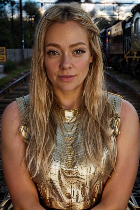 <lora:Cherry_Healey:1> masterpiece, best quality, detailed face, 1girl, solo, realistic, c1873h, long blonde_hair, cleopatra costume ,  railroad tracks , evening
