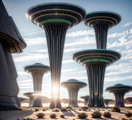 "A colossal futuristic research facility rising from a crystalline desert under a twilight sky, designed with intricate sci-fi architecture featuring illuminated corridors, layered metallic towers, holographic energy fields, massive observation windows, and bioengineered gardens integrated into the structure. The scene is alive with faint mist, scattered light reflections, and dynamic shadows. Emphasize hyper-realistic textures: brushed steel, frosted glass, organic flora merging with machine elements, all lit by surreal ambient lighting. Cinematic perspective, ultra-detailed environment, extreme realism, majestic atmosphere, immersive depth."