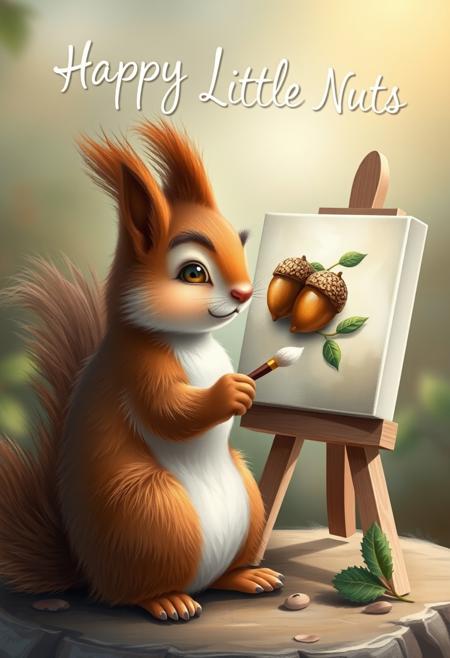 "Whimsical and serene image of a squirrel with the likeness of Bob Ross, the famous painter. The squirrel is sitting in front of an easel, holding a tiny paintbrush in its paw, and gazing lovingly at the canvas. The canvas features a beautiful painting of two acorns, rendered in a soft and gentle style reminiscent of Bob Ross's signature wet-on-wet technique. At the top of the image, the phrase "Happy Little Nuts" is written in a flowing, cursive script, as if it were painted there by the squirrel itself. The squirrel's fur is depicted in a soft, fluffy texture, and its eyes are shining with a warm and gentle light. The background of the image is a soothing blend of earthy tones, with hints of green and brown that evoke the natural world. The overall mood of the image is one of peacefulness and tranquility, as if the squirrel is lost in the joy of creating something beautiful. Style: whimsical, serene, and highly detailed, with a focus on capturing the gentle and soothing atmosphere of the scene."