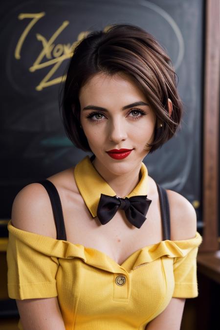 photo of a woman, ehurley, ((dark brown hair)), ((shirt, pixie cut, bowtie, short hair):1.1), ((closeup, portrait)),((classroom, chalkboard)), ((red lipstick, makeup)), (smile), ((best quality, masterpiece, extreme details, high resolution):1.2),((detailed eyes, beautiful eyes, detailed face, beautiful face):1.2)