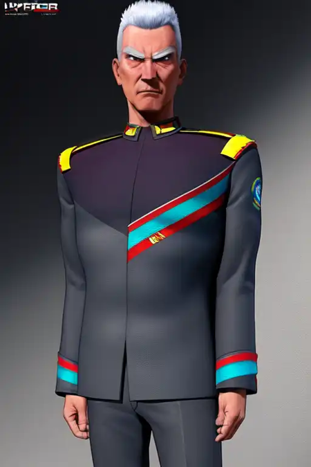 Commander, white hair, serious, dark gray military uniform,