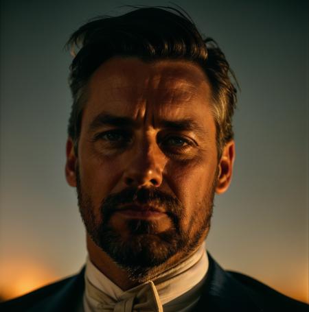 analog style, modelshoot style, a stunning intricate photo of a 50 years old man, wearing an colonial clothes, night, ambient light, epic character composition, by ilya kuvshinov, alessio albi, nina masic, sharp focus, natural lighting, subsurface scattering, f2, 35mm, film grain,