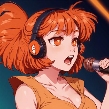 <lora:avas_retro_06-04:1>, 


1girl, :o, ahoge, breasts, cleavage, collarbone, headset, large breasts, microphone, orange hair, red eyes, short hair, solo, symbol-shaped pupils