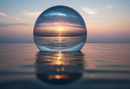 An infinite, calm water surface stretches across the scene, reflecting the soft pastel hues of a serene sunset. Above the water floats a perfectly round, transparent glass sphere, glistening faintly with refracted light, its surface shimmering with refracted light that captures faint glimmers of distant stars and the silhouettes of serene trees. Surrounding the sphere are delicate ripples in the water, creating a mesmerizing interplay of motion and stillness. Distant mountains fade into the misty horizon, adding depth and tranquility. The sphere's transparency captures hints of the sky and surroundings, merging the ethereal with the natural in a harmonious, surreal atmosphere.