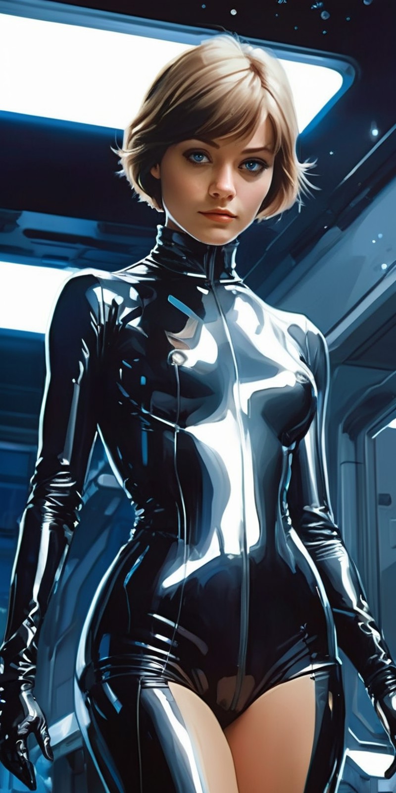 full body illustration of Alisa Selezneva short hair big blue eyes Syd Mead Style - syd mead sci-fi woman with led eyes