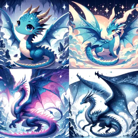 Four different styles of dragons by Dalle3