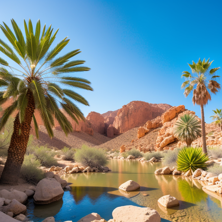 RAW photo, desert landscape, oasis with palms and water, (rocks:1.2), 8k uhd, dslr, soft lighting, high quality, film grai...