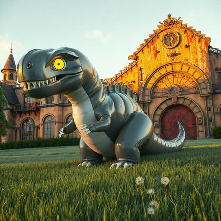 "A whimsical giant Dinowrestler Martial Anga dinosaur, with glossy gray-white vinyl textures and a glowing yellow eye, dominates a lush grassy field. Behind it looms the Orcustrated Babel—a retro-futuristic building with steampunk gears, arched windows, and a crimson door, blending Victorian architecture with sci-fi industrialism. Cinematic golden-hour lighting casts long shadows, highlighting the dinosaur’s playful, exaggerated proportions and the building’s rusted metal details. Hyper-realistic 3D render (Octane/Unreal Engine 5) with matte painting depth, Dutch angle composition, and volumetric fog. Color contrast: monochrome dinosaur against vibrant moss-green grass and the Babel’s burnt-orange walls. Subtle details: air vents on the inflatable seams, dandelions dotting the field, and sunlight glinting off the dinosaur’s eye. Stylized with Studio Ghibli whimsy and Simon Stålenhag’s surreal futurism. Trending on ArtStation, 8K HDR, golden ratio framing. Tags: surreal toy-like aesthetic, retro-mecha, playful scale contrast, hyperdetailed textures, cinematic vignette."