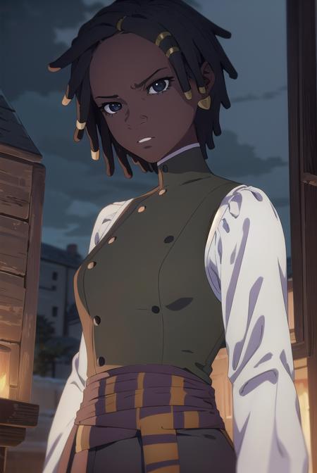 castlevaniaannette, short hair, black hair, dark skin, (black eyes:1.5), dark-skinned female, very dark skin, dreadlocks, shirt, long sleeves, white shirt, belt, pants, vest, black pants, yellow vest,