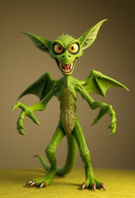 Clay Animation - a pixar style 3d animated green character called a jabberwock, angry, fierce, scary, big yellow eyes, wings, scales. long ears. long sharp teeth. at least ten feet tall with a simian like build, almost like a lemur. dancing, Its limbs are long and elongated and slender, 3 long fingers and claws. with a pointed end long tail ending, standing on two toes with a dewclaw/thumb. looking at camera over a simple background