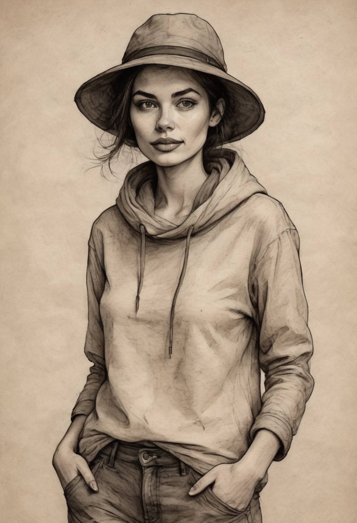 ink drawing minimalist illustration on parchment closeup beautiful model in comfortable clothing charming and cheerful