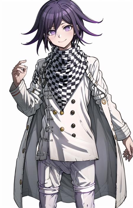 (masterpiece, top quality, best quality, official art, beautiful and aesthetic, picture-perfect:1.4), 1boy, solo, Kokichi, (looking at viewer, cowboy shot:1), (purple hair, purple colored hair, medium hair:1.2), (purple eyes, shining purple eyes, ringed eyes:1.3), [smile, closed mouth:1.2], [medium breasts, sexy:1], (Kokichi Attire, straitjacket, white jacket, white pants, buttons, checkered scarf, white clothes:1.4), (simple background:1.4), <lora:more_details:.5>, <lora:KokichiLora:.7>