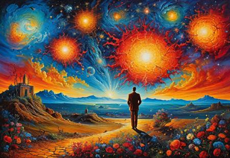 [watercolor painting : oil painting : 0.5], sensual passion explodes in a climatic explosion, at night under a gorgeous starry sky, vibrant colors , surrealism, grandiose, masterpiece, sharp focus, very beautiful, amazing, whimsical landscape, art by (Salvador Dali, vladimir fedotko, josephine wall), bright colors, high contrast, ethereal , camouflage, hidden man, riddle game