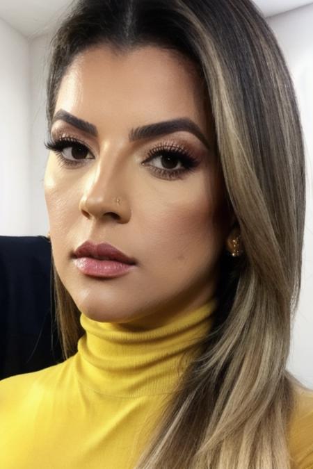 Photo close up of beautiful r0s4n4bumbum woman, detailed face serious, (blurred background)+, yellow turtleneck blouse