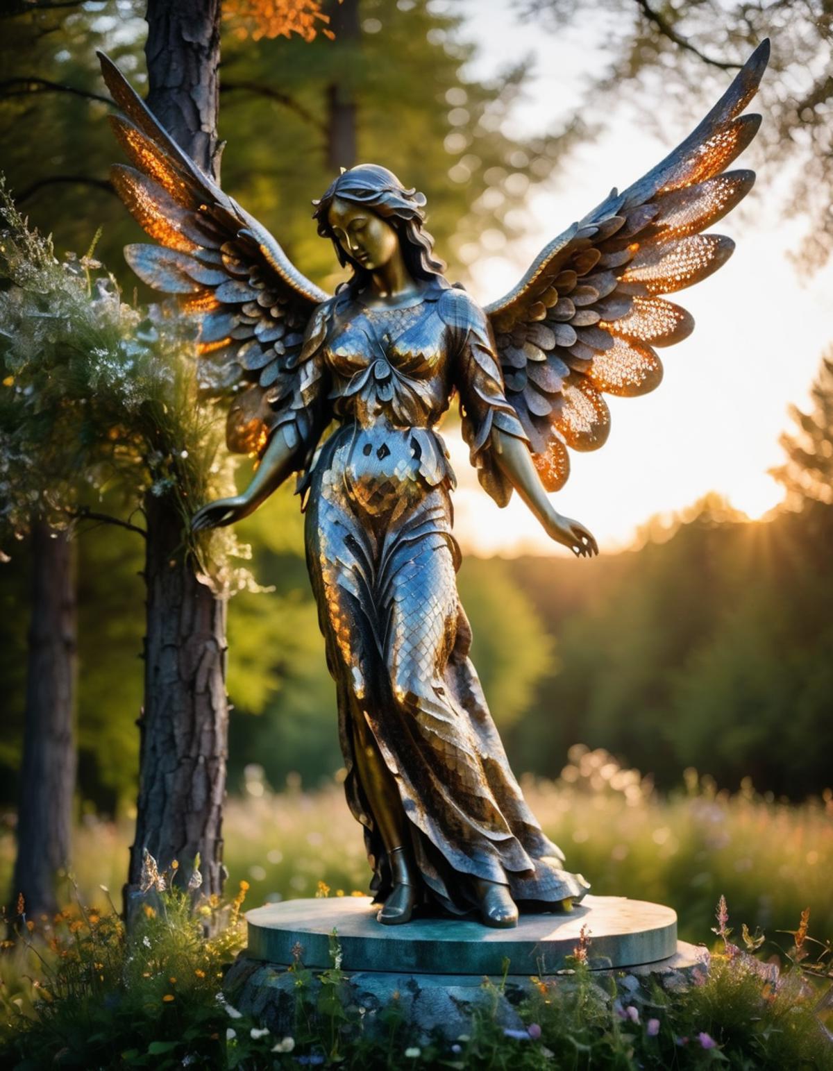A statue of a woman with wings, possibly an angel, in a garden setting.