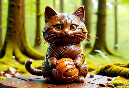 cat, neko, hard wood, score_9, score_8_up, score_7_up, score_6_up, cat made of wood, brown, orange, shiny, playing with yarn ball, shiny, adorable kitty playing in a cloudy forest, Made of chocolate,