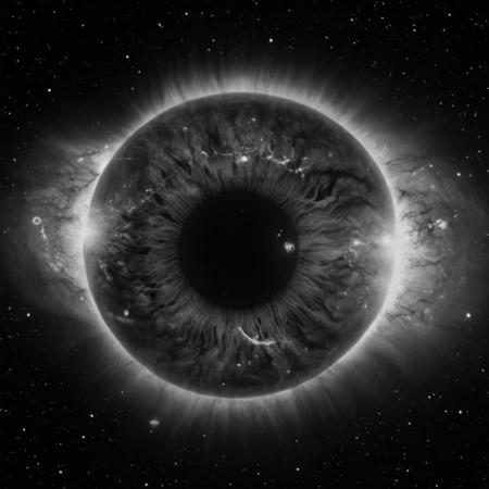 cinematic, (((black and white, monochrome, greyscale))), portrait of a mysterious, bioluminescent, eye, the beauty of the galaxy are shown through this eye, supernovas and pulsars erupt, 4k, high quality, grain, grainy, noise, detailed, contrast, heavy dynamic shadows, atmospheric,