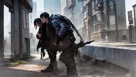 (high quality, best quality, hi res), (ultimate phtoreal  Concept Art), (rain) (boy, black hair, black eyes, japanese face, Outdoors, Sci - fi, asian cyberpunk, city), (Ray traching, Lumen, highly detailed digital painting, 8 k, realistic, hyperdetailed photorealistic, volumetric, intricate detail)