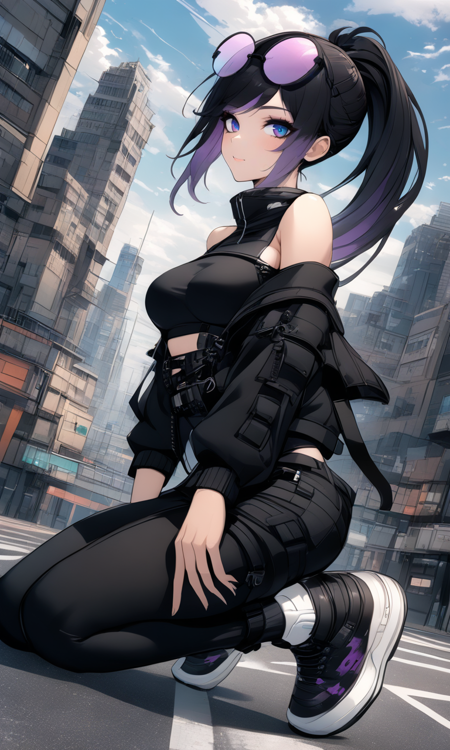 astred, long ponytail, round tainted glasses on head, black hair, gradient hair, gradient eyes, purple hair shadow, two-tone eyes,