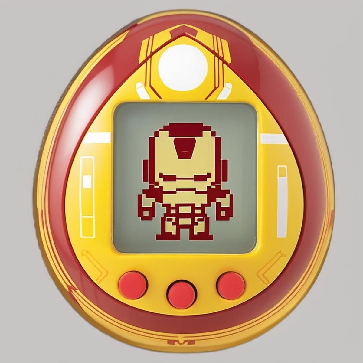 An egg-shaped, yellow virtual pet device is featured with a central screen displaying a  iron Man . The screen is encased ...