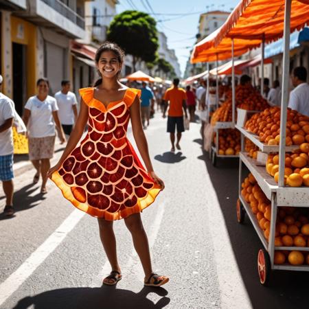 Brazilian girl, selling orange fruit in streets, wearing orange sliced shaped dress, <lora:blood_orange_world_morph_sdxl:1> , sunny day, people walking, vendor stand, blood orange style