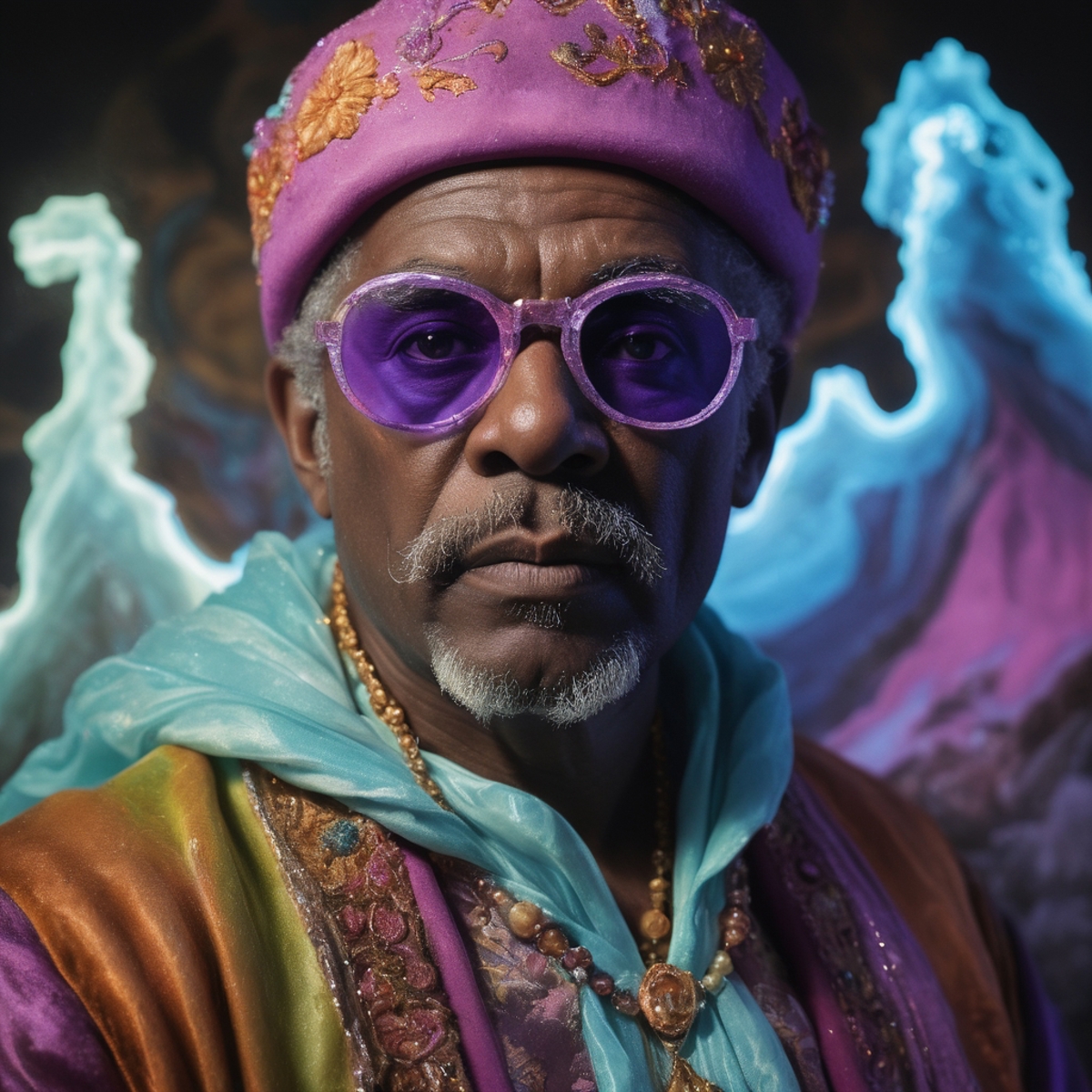 A man wearing a purple hat, purple glasses, and a gold and purple robe.