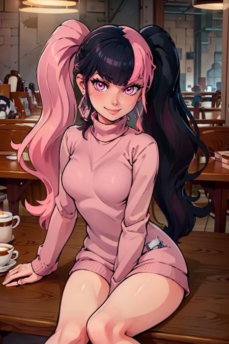 Zoe_Rayne, 1girl, solo, pink eyes,  multicolored hair, two-tone hair, split-color hair, twintails, long hair, black hat, animal ear headwear, black choker, black jacket, cropped jacket, choker, belt, miniskirt, black skirt, necklace, pendant,  midriff, crop top