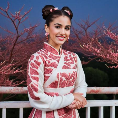 made of wagyu, a woman, asian, black hair, brown eyes, chinese clothes made of meat, meat texture, clothes made of meat, medium body shot, smiling, dress made of wagyu, earrings, meat patterns, highly detailed, photorealistic, fence, print, flower, hair bun, hair ornament, hair stick, hand up, jewelry, leaf, light skin, light smile, lipstick, long hair, long sleeves, looking at viewer, makeup, moon, night, outdoors, parted bangs, plant, railing, red lips, single hair bun, sky, sleeves past wrists, slim, solo, standing, updo, upper body, pink and white hanfu, white flower, wide sleeves,