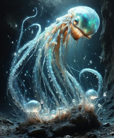 glowinglora, An divine deep-space entity with razor-sharp teeth and iridescent scales glides with serene elegance through liquid space.  Its long, luminescent tentacles spiral outwards, gracefully ensnaring translucent, bioluminescent beings in a delicate, mesmerizing capture. The scene is bathed in soft, otherworldly glows, emphasizing the creature's majestic, haunting presence against the infinite cosmic abyss. <lora:glowing_and_light_particles_sd3.5-000010:0.7500000000000001>