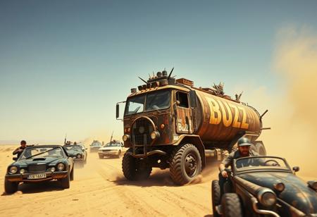 Mad Max, Mel gibson dusty hurt serious driving a rusty tanker truck  with spikes and old weapons with the letters "BUZZ" on the side of the truck being chased and attacked by several post-apocalyptic cars with guns and angry people with  post-apocalyptic clothes shouting "give me BUZZ"