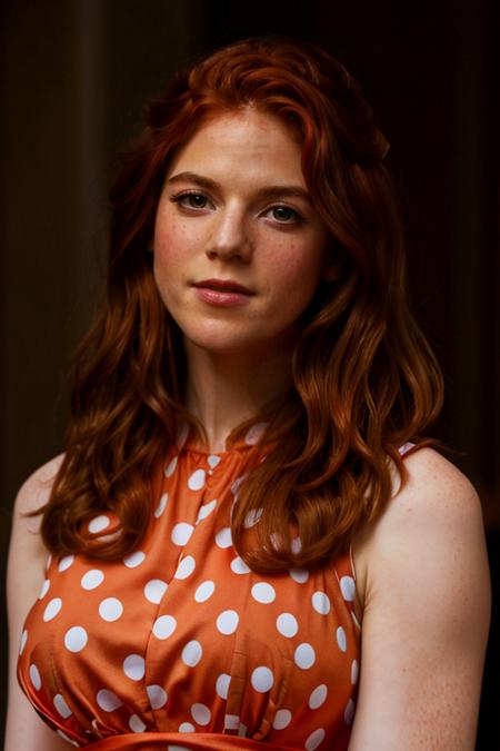 <lora:Rose_Leslie:1> masterpiece, best quality, detailed face, a mature r1873l, 1girl, solo, red hair,   <lora:Sexy Polka Dot Dress by Stable Yogi:0.7> wearing Sexy burnt orange Polka Dot Dress,