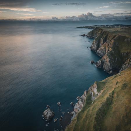 raw photo, 8k uhd, dslr, high quality, (best quality: 1.1), (masterpiece: 1.4), (realisitc: 1.2), (absurdres: 1.2), (photorealistic: 1.3), (great photography of a sea), ins style,lab color,scenery, outdoors,grass, sky,((beautiful clouds)), view from sky,blue hour, landscape,peaceful scene,  <lora:ins-lab:0.8>