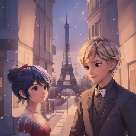 (girl and boy), smiling,  couple, ((high resolution illustration)), ((extremely detailed)), Marinette, (Adrian), <lora:MarinetteAdrian Ball Outfits:0.9>, in Paris, Paris, near eiffel tower