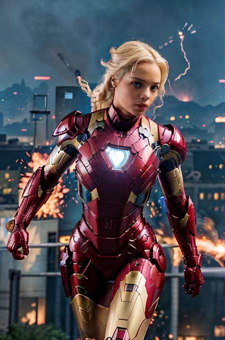 Professional photograph of epic action heroine, she's 25 year old blonde woman <lora:quiron_ElsaJean_v1_lora:0.6>, elsajeanquiron she's wearing the Iron Man <lora:iron_man:0.5> power suit, power armor, intense focus expression on her face, she's flying through the streets of Washington DC, it's night time, there's cyberpunk lighting, fire explosions, rave-lighting,  she's flying and blasting energy from her gauntlets. Full red and gold iron man power armor, 4k, 8k, masterpiece, Marvel Cinematic Universe, Zack Snyder, epic shot, award winning movie poster  <lora:Cyberpunk_style:0.4>