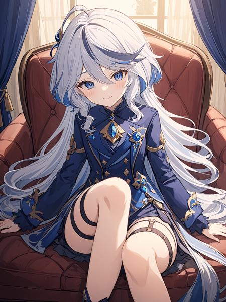 <lora:shuishen:1>,1girl,couch,solo,crossed_legs,sitting,looking_at_viewer,long_hair,smile,multicolored_hair,long_sleeves,closed_mouth,streaked_hair,very_long_hair,indoors,thigh_strap,furina_clothes,