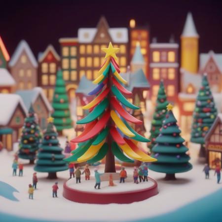 (plasticine:1.4), a festive small town with little people surround a giant christmas tree, against a winter wonderland background of colorful banners and colors,festive, deep rich colors, soft warm lighting, festive, joyful, 8k, highly detailed,