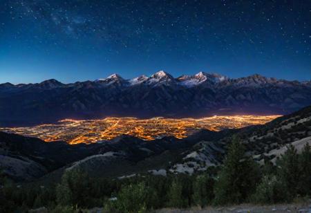 ep1cl@nd$c@pe, city lights in the distance, mountain range, evening time, starry sky