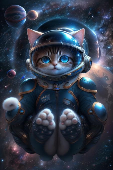 CG rendering of delicate scene, a cat, full character, big blue eyes,wearing astronomy spacesuit and helmet, floating in blue sky by many planets, eyes focus, extremely detailed,  ultra-wide shot, best quality, highres, <lora:FairyTaleV20_SD1.5:0.75>