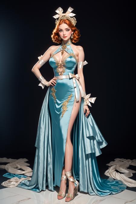 dr3ss, bows, cross-laced clothes,  (silk blue dress), (embroidered ornate),  halterneck, high collar, jewelry, armlet, headdress, (lace trimmed) , frills, cuffs, ribbons, hair bow,